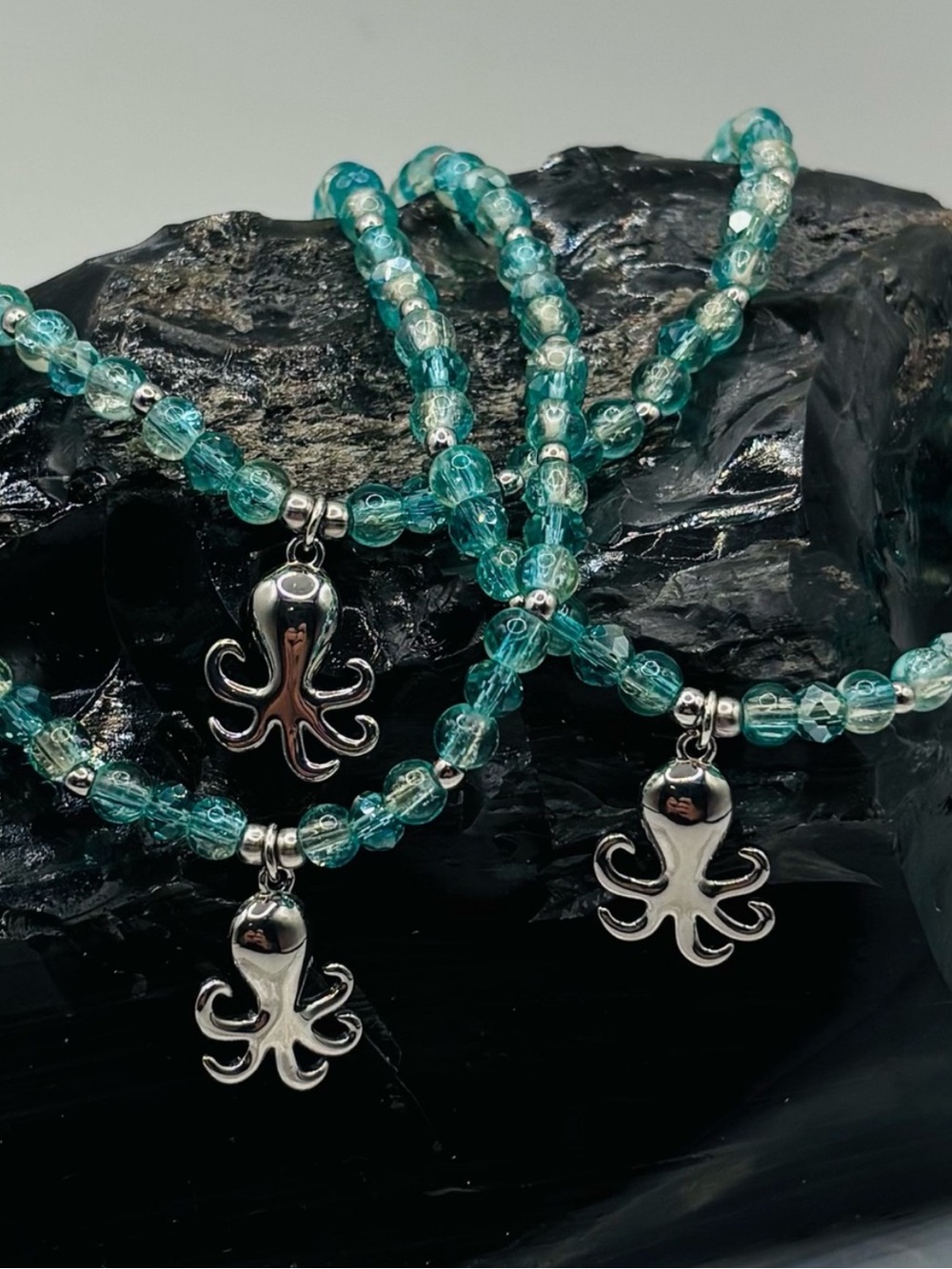 *ANKLET* S.Steel Octopus Charm & Crackle Glass Crystal Stretchy Anklet